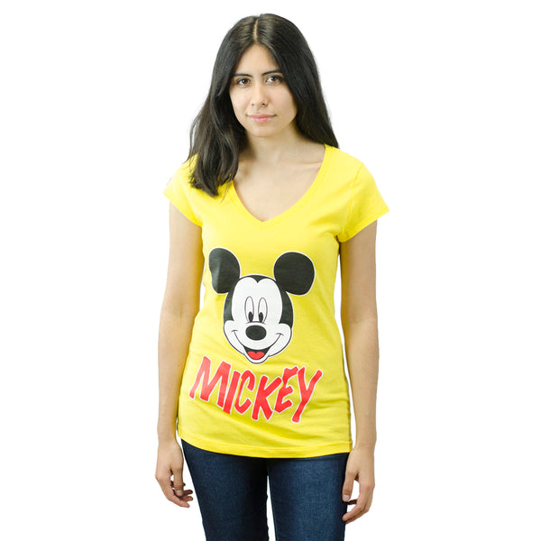 Disney Women's Mickey Face Yellow V-neck T-shirt