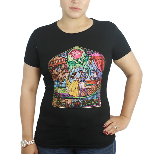 Disney The Beauty & The Beast Stained Glass Black T-shirt